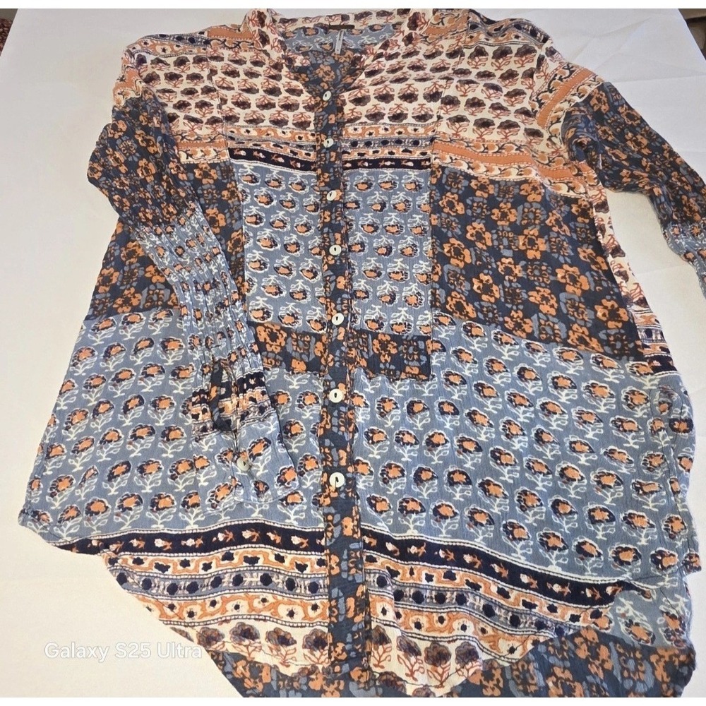 Free People Womans Bohemian Samba Mix Print Long Sleeve Shirt, Blue Orange, SP